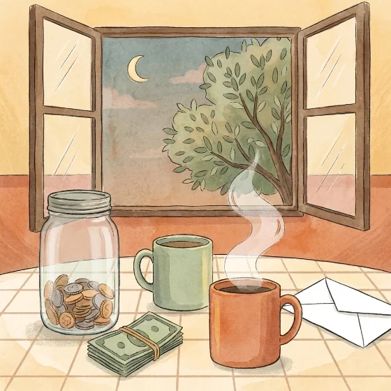 A jar of money on a kitchen table