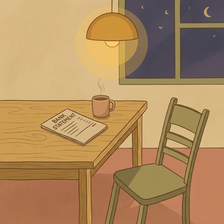 Un estado de cuenta sobre la mesa de la cocina, en la noche